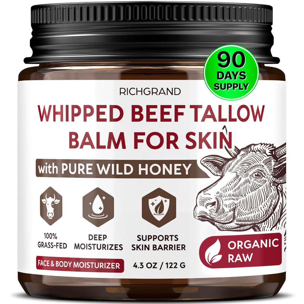 RICHGRAND Beef Tallow for Skin - Whipped Tallow and Honey Balm - Grass Fed Beef Tallow for Face, Daily Moisturizer & Body Butter - Natural Non Comedogenic Skincare (4.3 Oz)