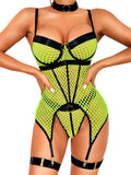 Kaei&Shi Rave Outfits Fishnet, Exotic Strappy Backless, Choker Garter Lingerie
