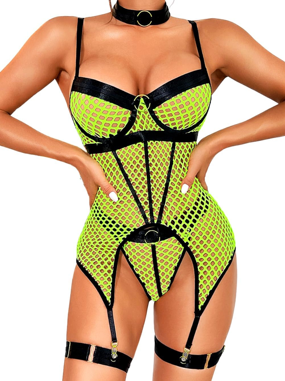 Kaei&Shi Rave Outfits Fishnet, Exotic Strappy Backless, Choker Garter Lingerie
