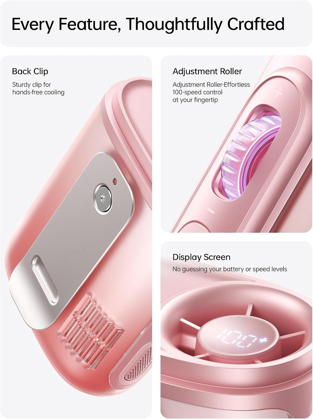JISULIFE Portable Neck Fan, 100 Speed 40000RPM Cooling, Mini Personal Handheld Wearable Waist Fan, 16H 4500Mah Battery with LED Display, Lightweight in Outdoor, Travel, Jobsite Gifts (Pink)