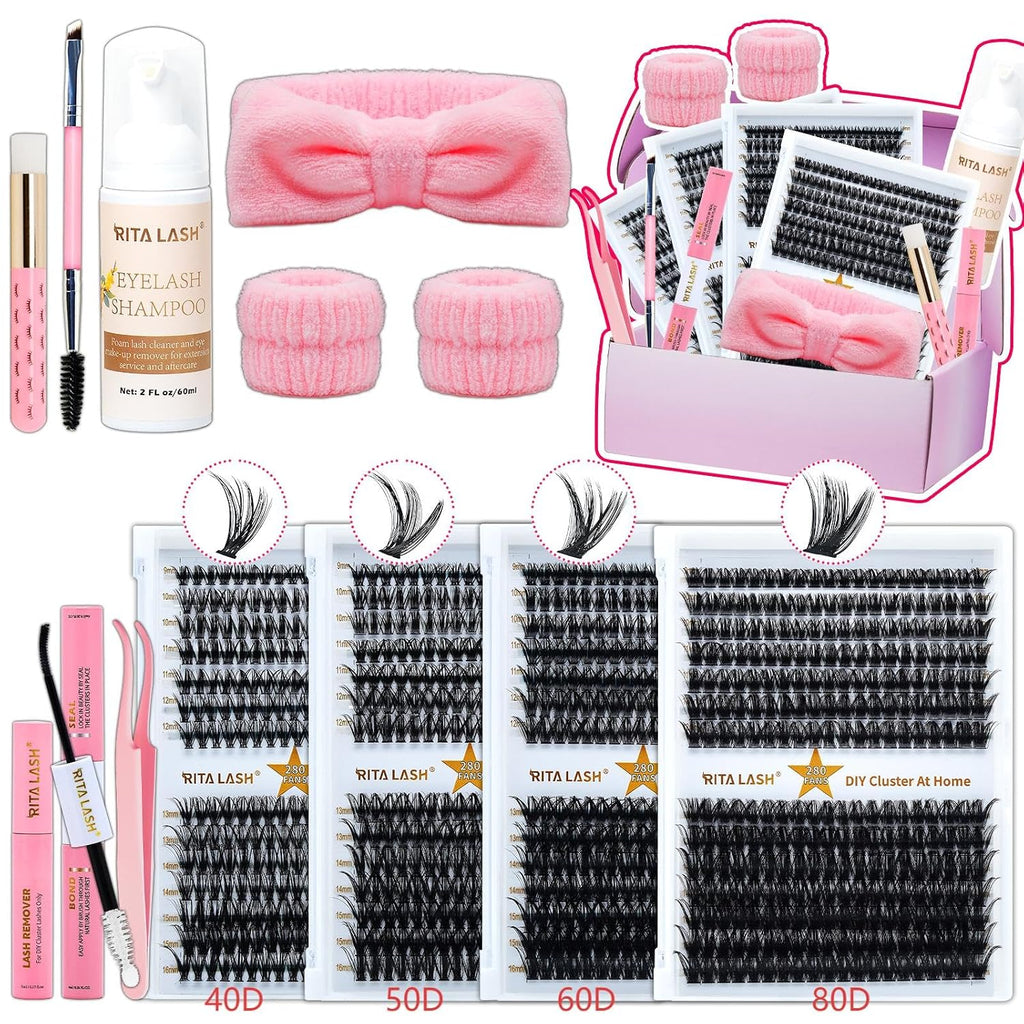 Lash Clusters Kit Eyelash Clusters Kit 3D Effect Cluster Eyelash Extensions Large Pack Spike Lash Extension Pestañas Postizas Naturales+Lash Bond&Seal,Remover,Tweezers,Headband,Wristband(Lash Kit-6)