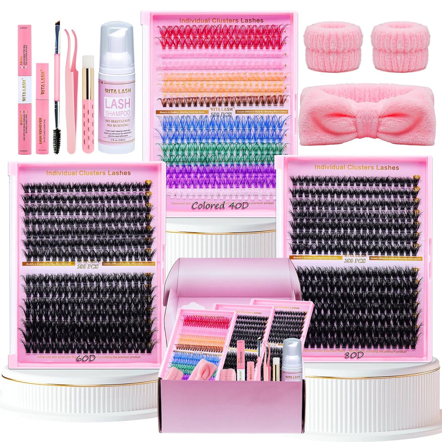 Lash Clusters Kit Bulk 3D Effect Eyelash Clusters Kit Cat Eye Lashes Cluster Eyelash Extensions Pack Colored Lashes Cluster Pestañas Postizas Naturales+Bond&Seal,Remover,Tweezers,Cleanser(Lash Kit-7)