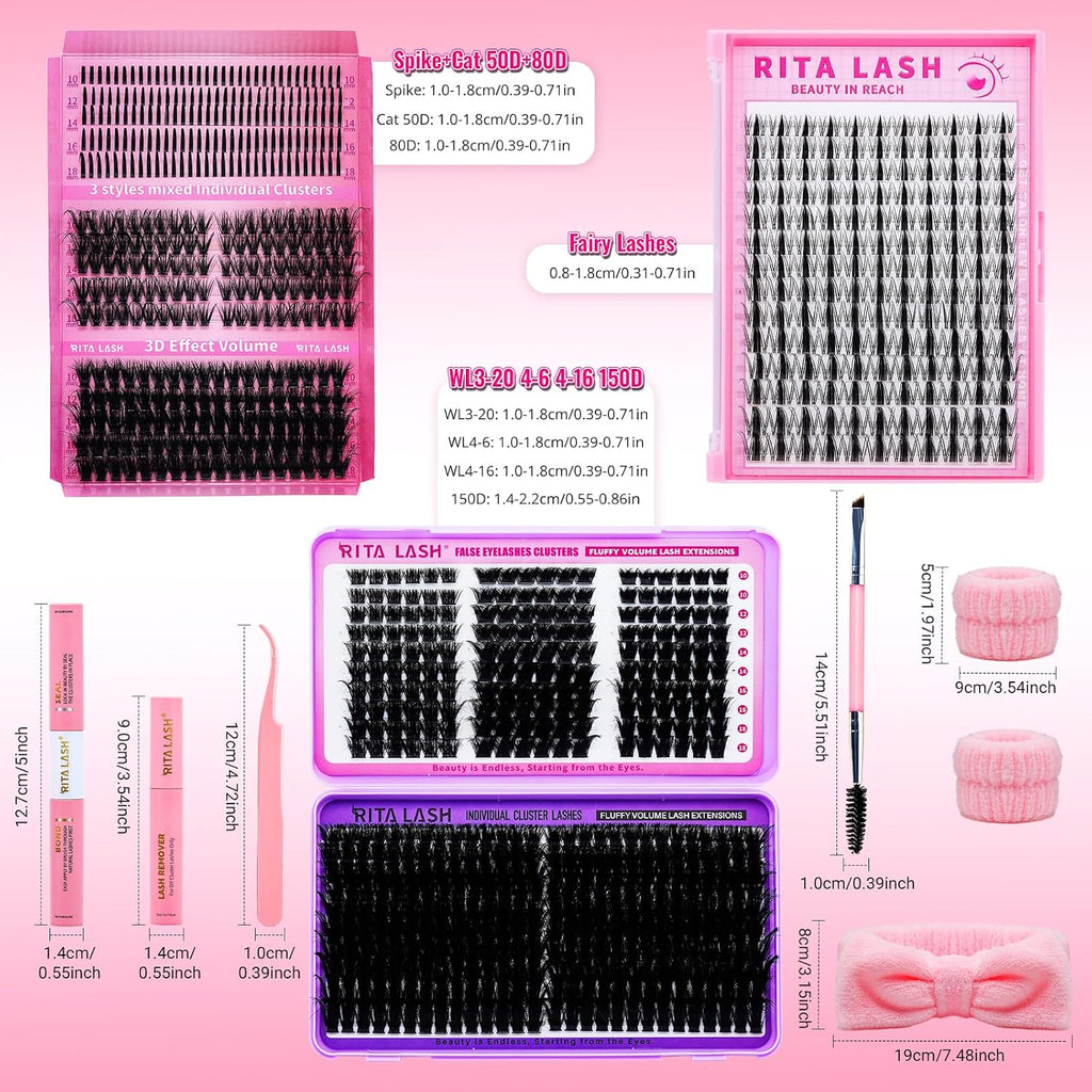 Lash Clusters Kit Eyelash Clusters Kit 3D Effect Cluster Eyelash Extensions Large Pack Spike Lash Extension Pestañas Postizas Naturales+Lash Bond&Seal,Remover,Tweezers,Headband,Wristband(Lash Kit-6)