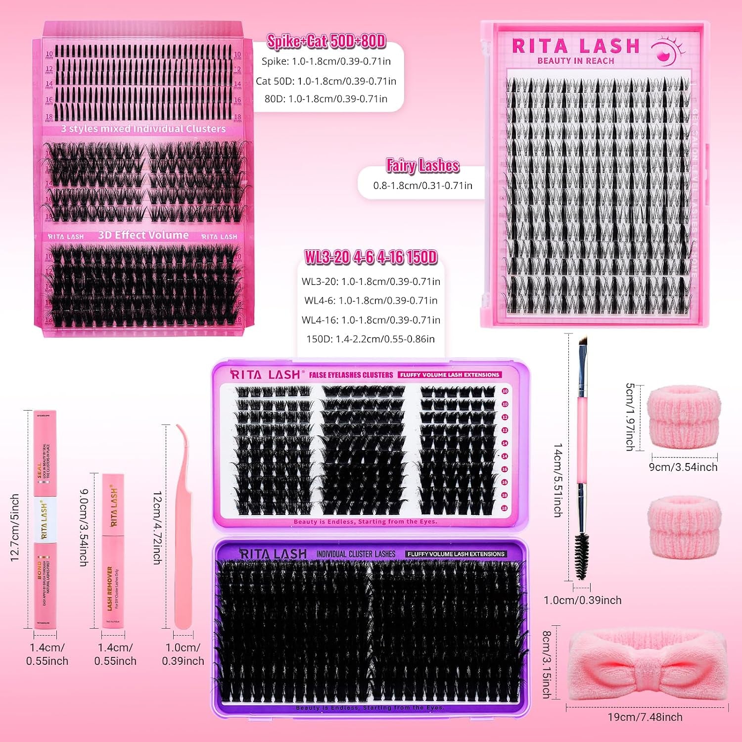 Lash Clusters Kit Eyelash Clusters Kit 3D Effect Cluster Eyelash Extensions Large Pack Spike Lash Extension Pestañas Postizas Naturales+Lash Bond&Seal,Remover,Tweezers,Headband,Wristband(Lash Kit-6)
