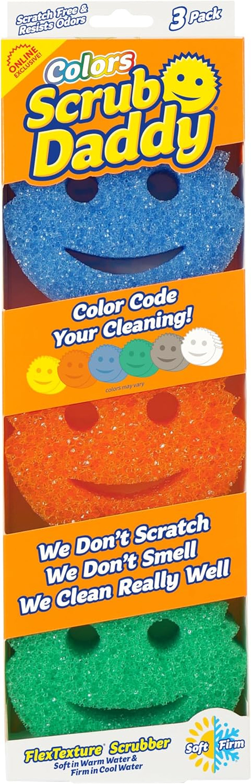 Scrub Daddy Colors Kitchen Sponges - Scratch-Free Dishwashing Sponges & Sponge for Kitchen Sink, Bathroom & Household Cleaning - Bpa-Free Polymer Foam (3 Count)