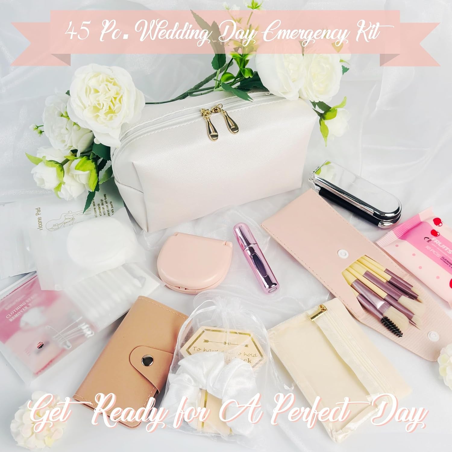 Women'S Wedding Emergency Travel Kit 45 Essential Items for Brides Bridesmaid All-In-One Daily Beauty Style Set with Makeup Brushes (Bianca Luxe)