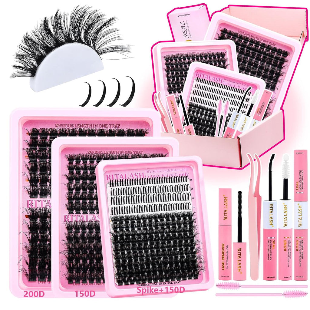 Lash Clusters Kit Bulk 3D Effect Eyelash Clusters Kit Cat Eye Lashes Cluster Eyelash Extensions Pack Colored Lashes Cluster Pestañas Postizas Naturales+Bond&Seal,Remover,Tweezers,Cleanser(Lash Kit-7)