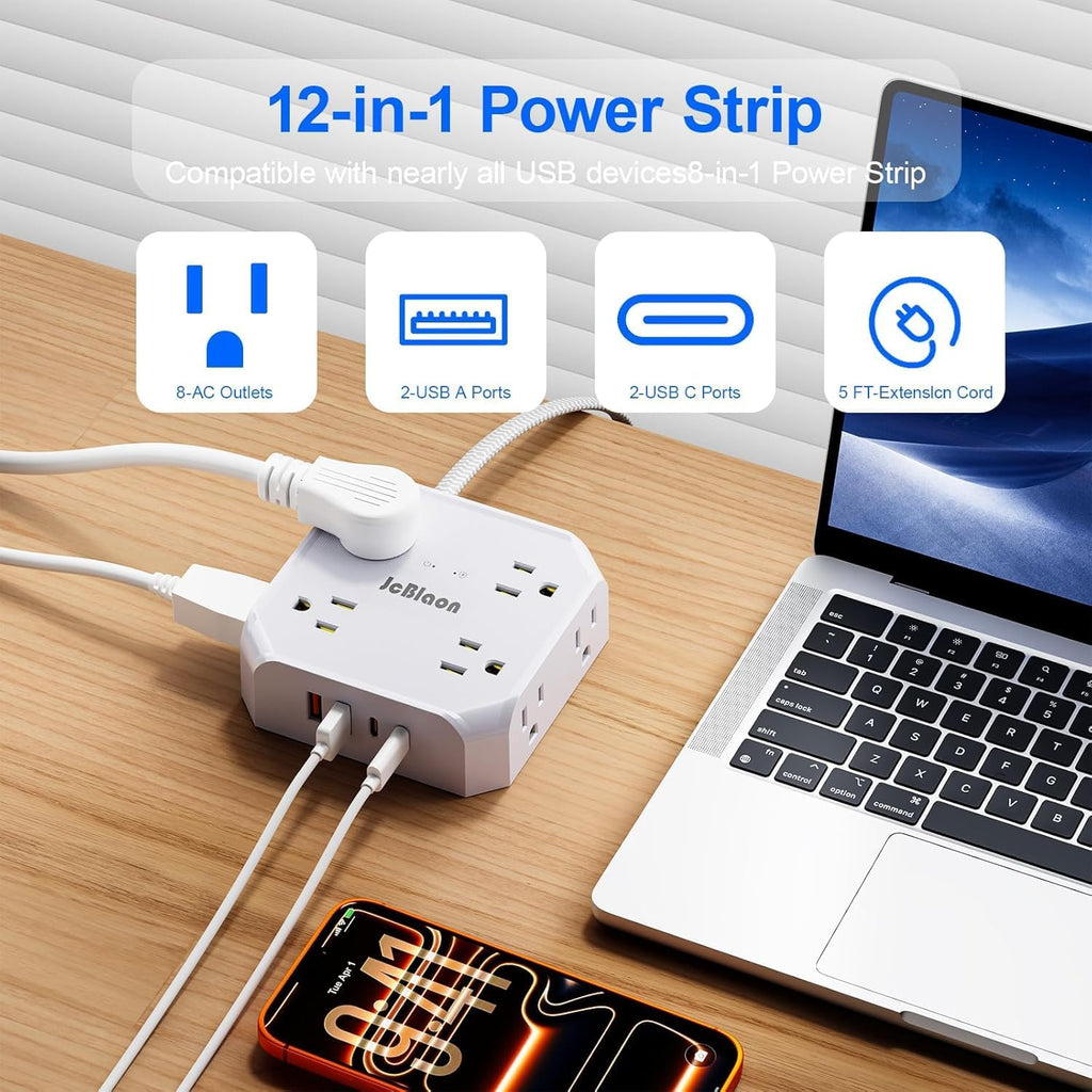Ultimate Surge Protector Power Strip with 8 Outlets and 4 USB Ports - Perfect for Home, Travel, and College Dorms!