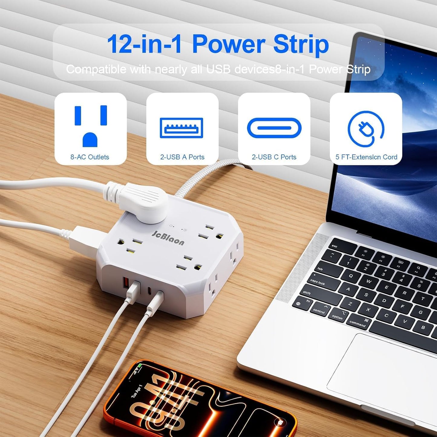 Ultimate Surge Protector Power Strip with 8 Outlets and 4 USB Ports - Perfect for Home, Travel, and College Dorms!