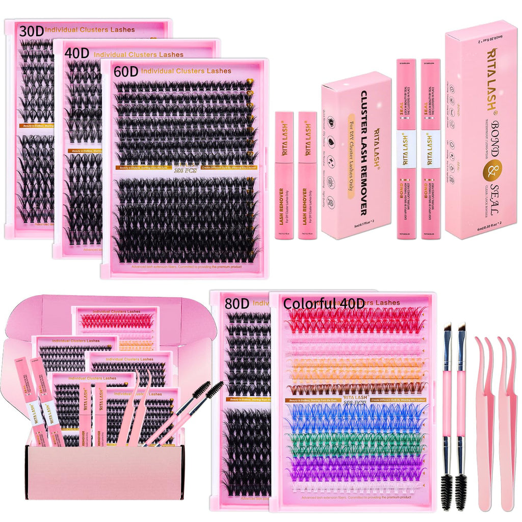 Lash Clusters Kit Eyelash Clusters Kit 3D Effect Cluster Eyelash Extensions Large Pack Spike Lash Extension Pestañas Postizas Naturales+Lash Bond&Seal,Remover,Tweezers,Headband,Wristband(Lash Kit-6)