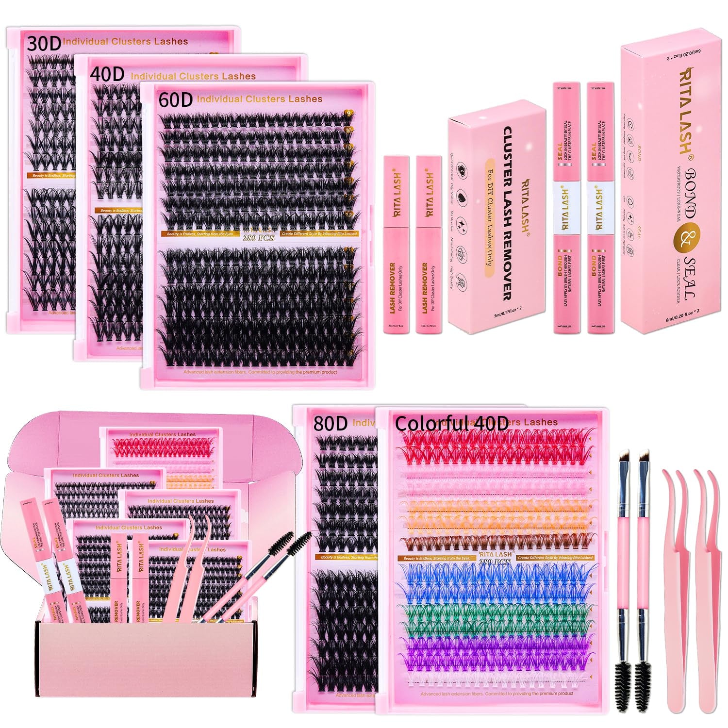Lash Clusters Kit Eyelash Clusters Kit 3D Effect Cluster Eyelash Extensions Large Pack Spike Lash Extension Pestañas Postizas Naturales+Lash Bond&Seal,Remover,Tweezers,Headband,Wristband(Lash Kit-6)