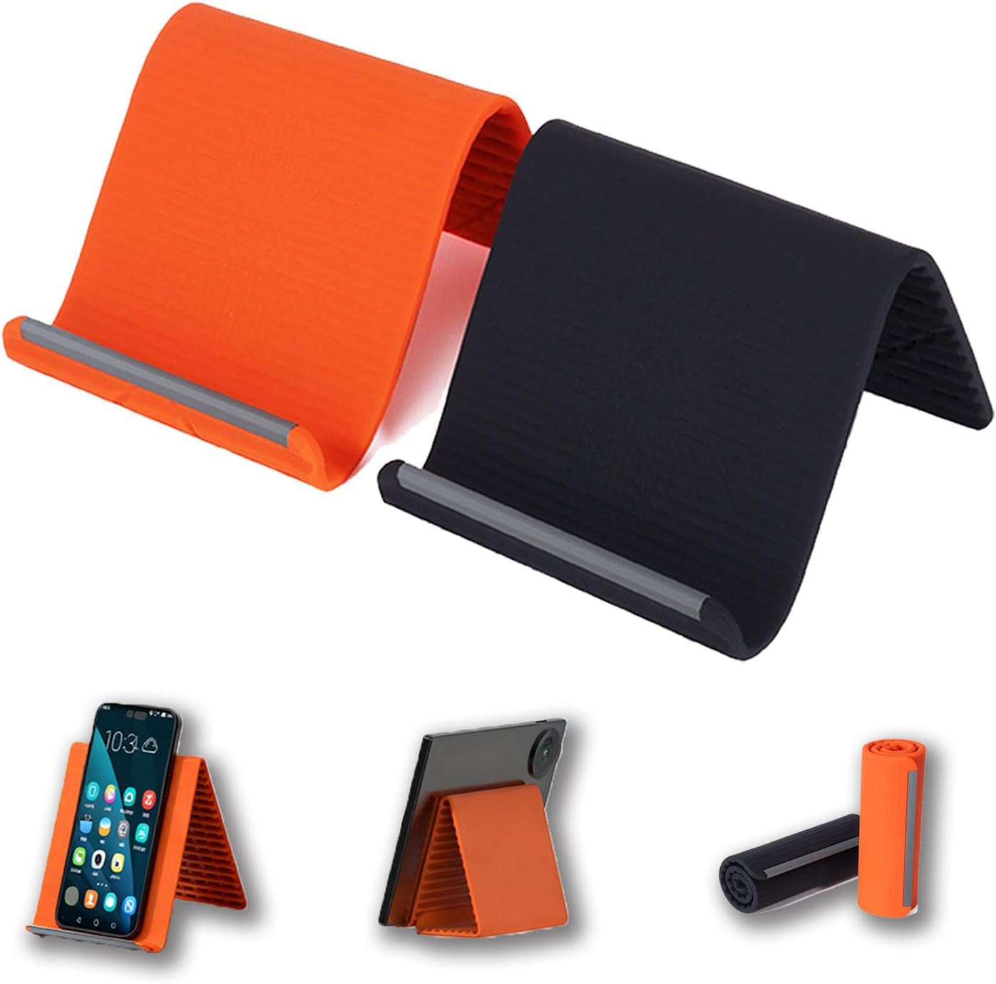 2PCS Flexible Silicone Phone Holder, 2026 New Flexible Silicone Aluminum Phone Holder Stand Folded into Any Shape, Universal Adjustable Anti-Slip Desktop Mount for Home Office Travel (Orange*2)
