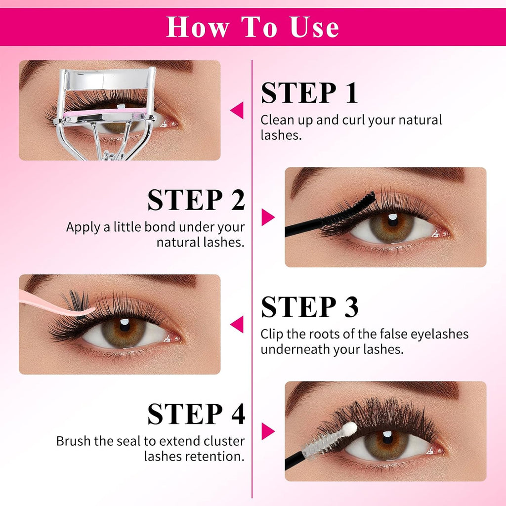Lash Clusters Kit Eyelash Clusters Kit 3D Effect Cluster Eyelash Extensions Large Pack Spike Lash Extension Pestañas Postizas Naturales+Lash Bond&Seal,Remover,Tweezers,Headband,Wristband(Lash Kit-6)