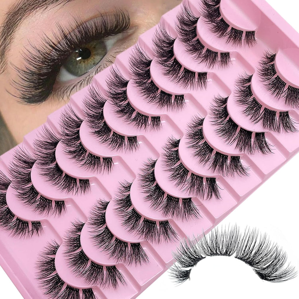 False Eye Lashes Natural Look Cat Eye Lash Strips Clear Band C Curl Wispy Mink Eyelashes Short Fluffy Eyelashes Strips 3D Cateye Natural Lahses 18Mm 10 Pairs Pack YH017