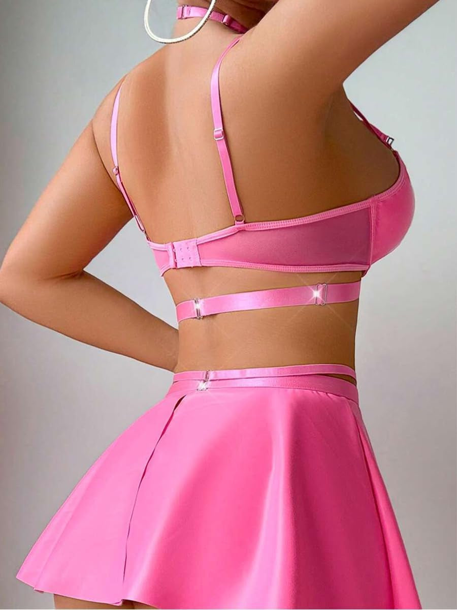 Women Sexy Leather Lingerie Set Choker Chain Mini Lingerie Dress Strappy Bra Skirt Outfits