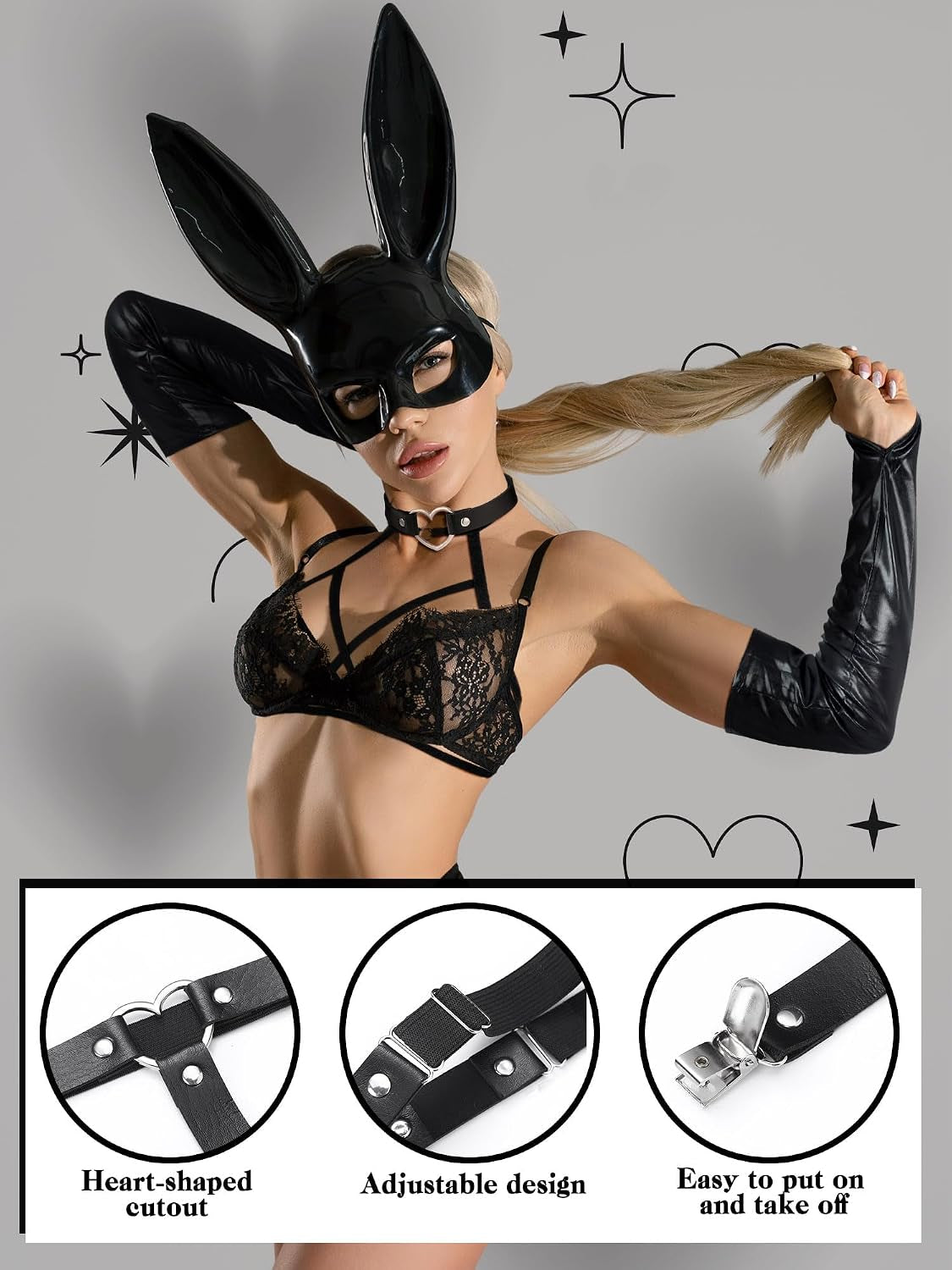Bencailor 11 Pcs Women'S Wet Look Costume Set, Fingerless Gloves Stockings Bras Choker Garters Belt with Anti-Slip Clips for Cosplay