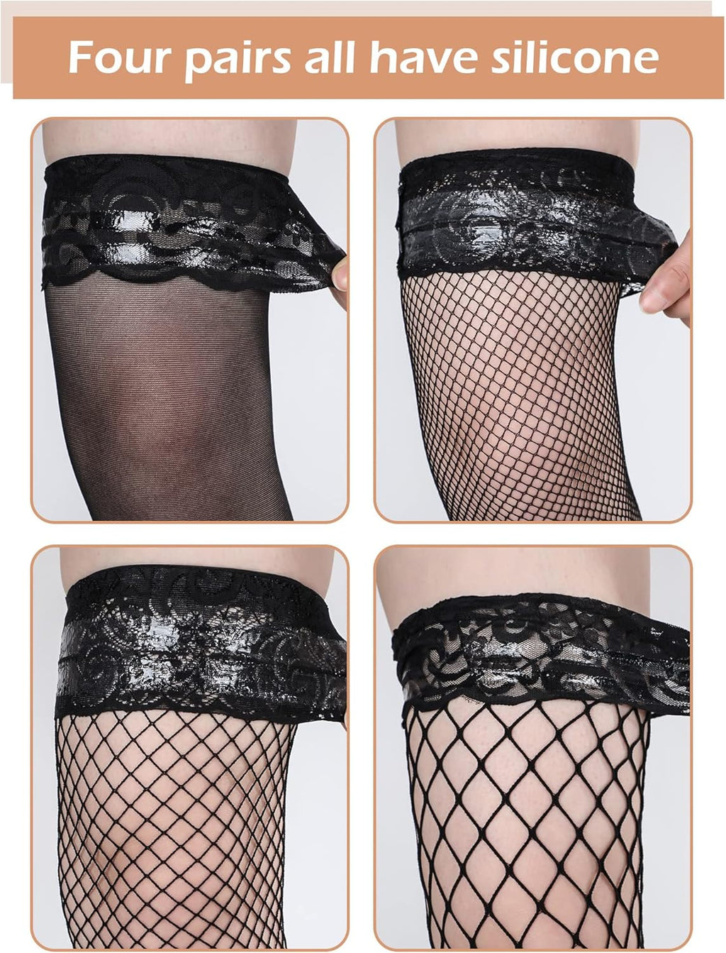 Bencailor 4/6/12 Pairs Fishnet Thigh High Stocking for Women Silicone Lace Top Sheer over Knee Stockings