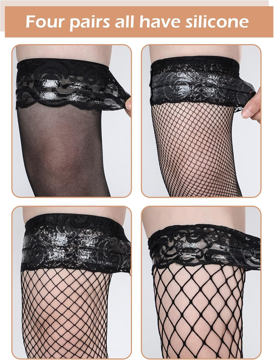 Bencailor 4/6/12 Pairs Fishnet Thigh High Stocking for Women Silicone Lace Top Sheer over Knee Stockings
