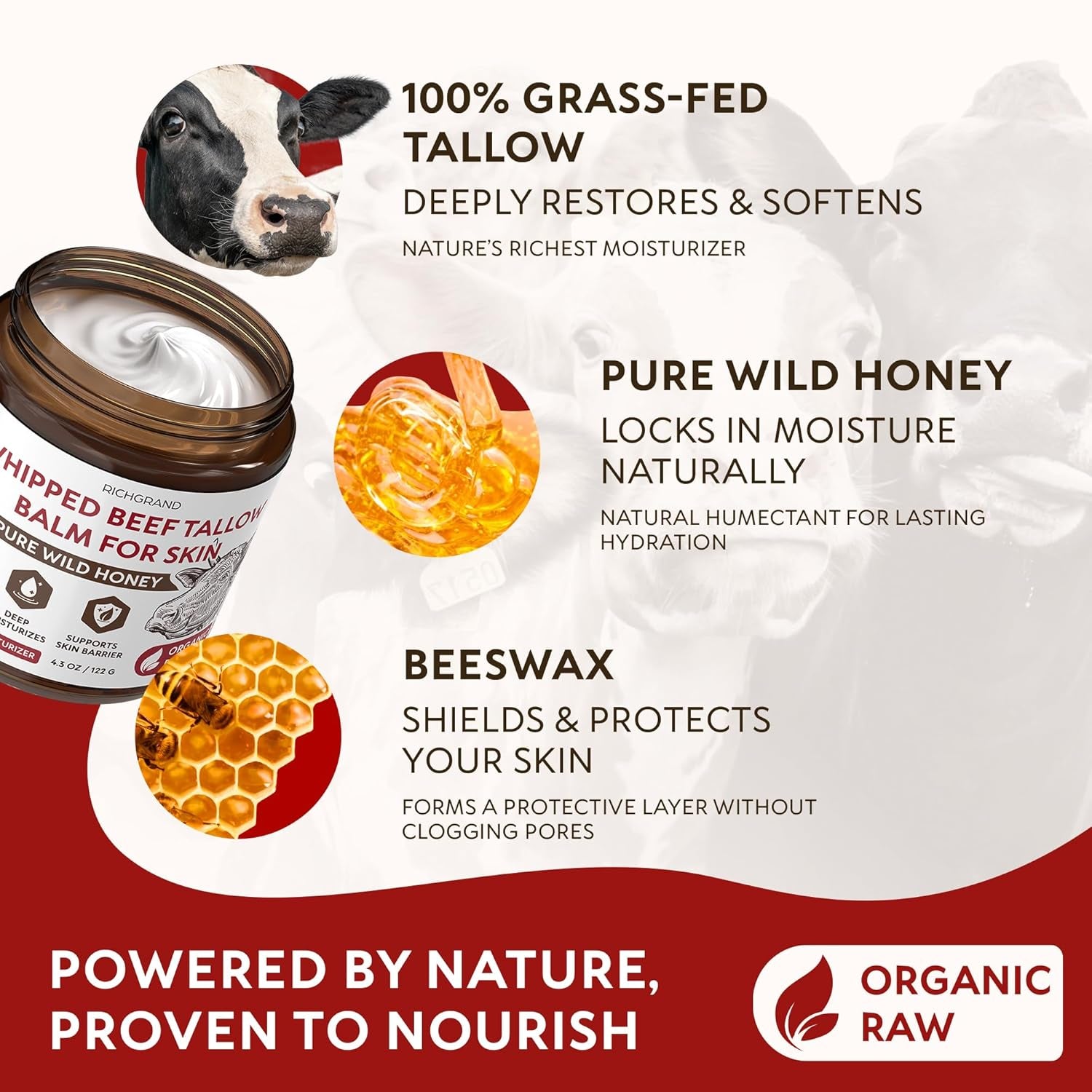 RICHGRAND Beef Tallow for Skin - Whipped Tallow and Honey Balm - Grass Fed Beef Tallow for Face, Daily Moisturizer & Body Butter - Natural Non Comedogenic Skincare (4.3 Oz)