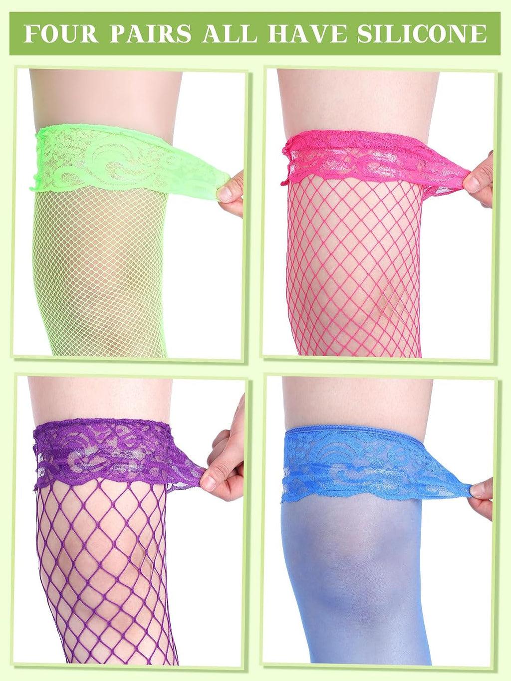 Bencailor 4/6/12 Pairs Fishnet Thigh High Stocking for Women Silicone Lace Top Sheer over Knee Stockings