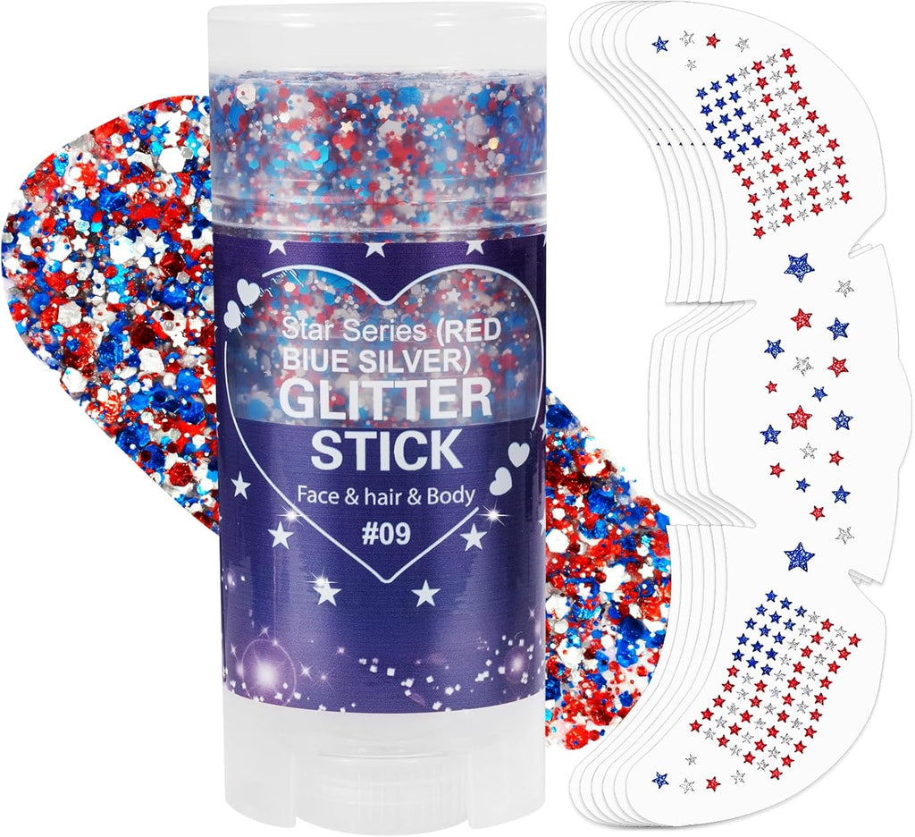 Mysense Patriotic Red White and Blue Body Glitter Stick,4Th of July Accessories,Sparkling Face Hair Glitter for 4Th of July Outfits Women Kids,American Flag Makeup for Independence Day 250 Anniversary