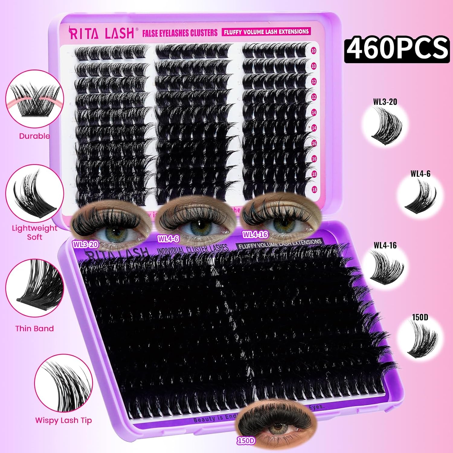 Lash Clusters Kit Eyelash Clusters Kit 3D Effect Cluster Eyelash Extensions Large Pack Spike Lash Extension Pestañas Postizas Naturales+Lash Bond&Seal,Remover,Tweezers,Headband,Wristband(Lash Kit-6)
