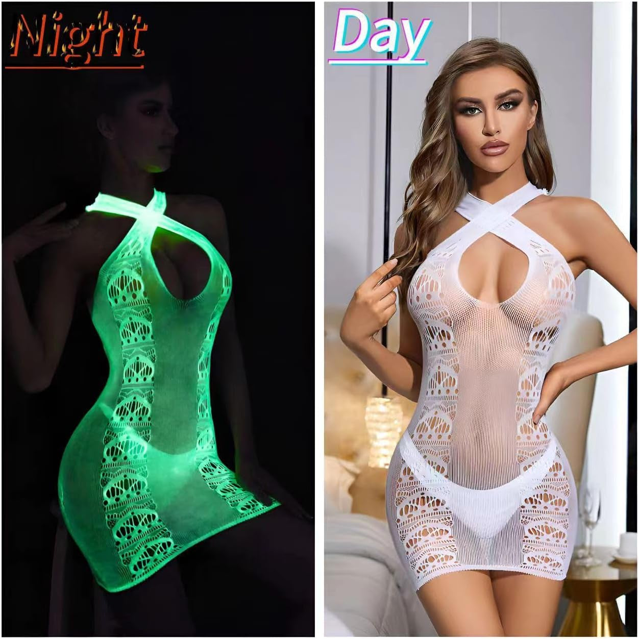 Glow in the Dark Sexy White Fishnet Stockings, Stylish Bodysuit Leggings for Womens Party