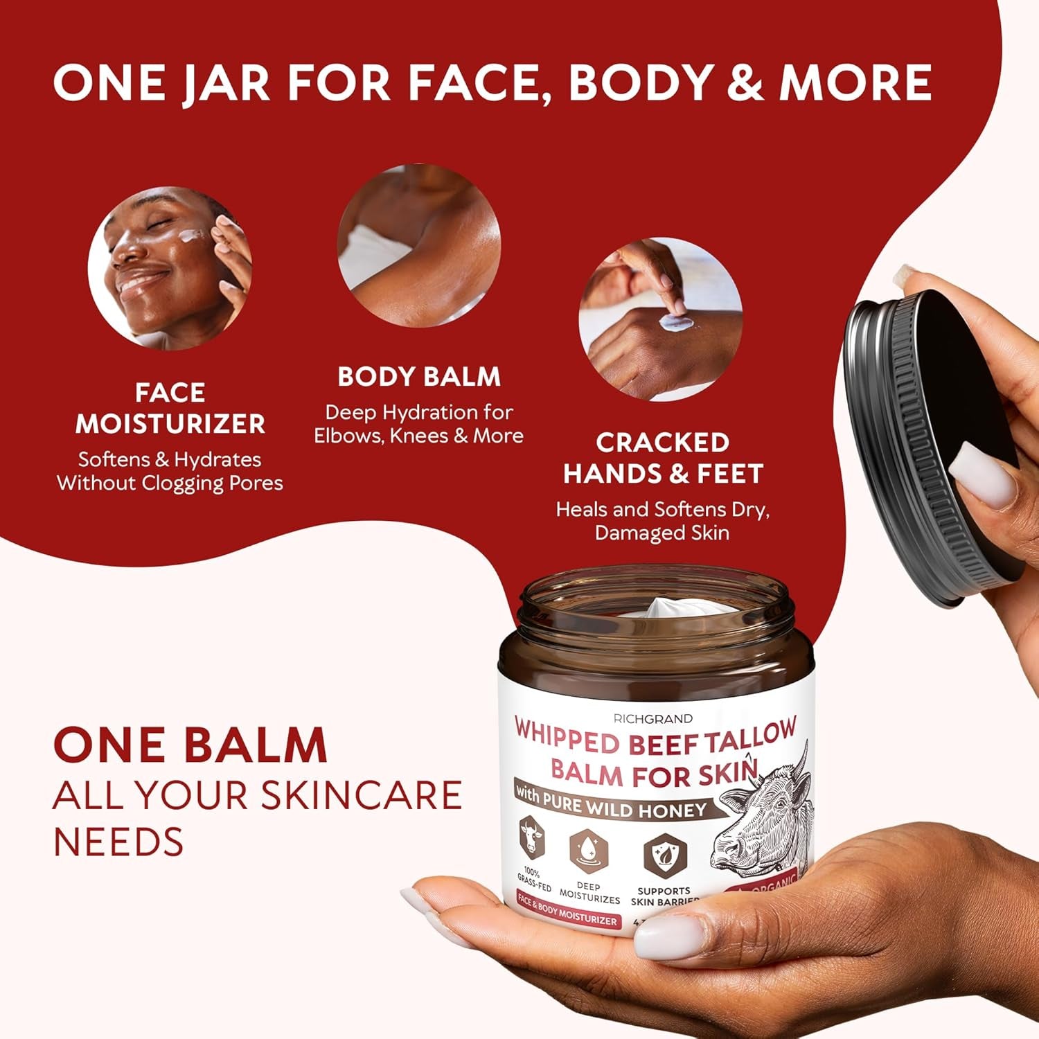 RICHGRAND Beef Tallow for Skin - Whipped Tallow and Honey Balm - Grass Fed Beef Tallow for Face, Daily Moisturizer & Body Butter - Natural Non Comedogenic Skincare (4.3 Oz)