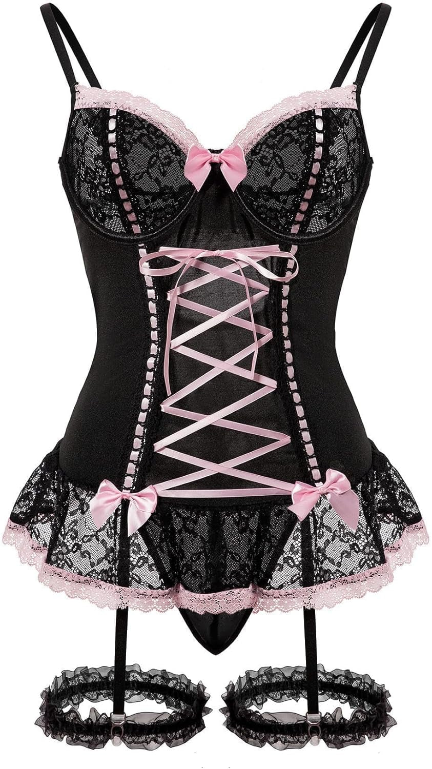 Foxiny Sexy Mesh Corset Ruffle Lace up Underwire Sheer Garter Belt Babydoll Lingerie Set with Thong 3 Piece Women