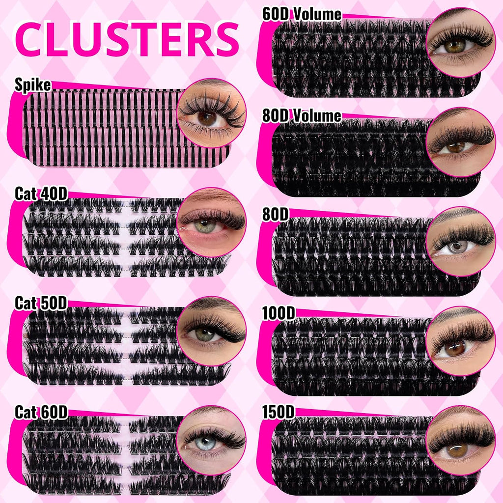 Lash Clusters Kit Bulk 3D Effect Eyelash Clusters Kit Cat Eye Lashes Cluster Eyelash Extensions Pack Colored Lashes Cluster Pestañas Postizas Naturales+Bond&Seal,Remover,Tweezers,Cleanser(Lash Kit-7)