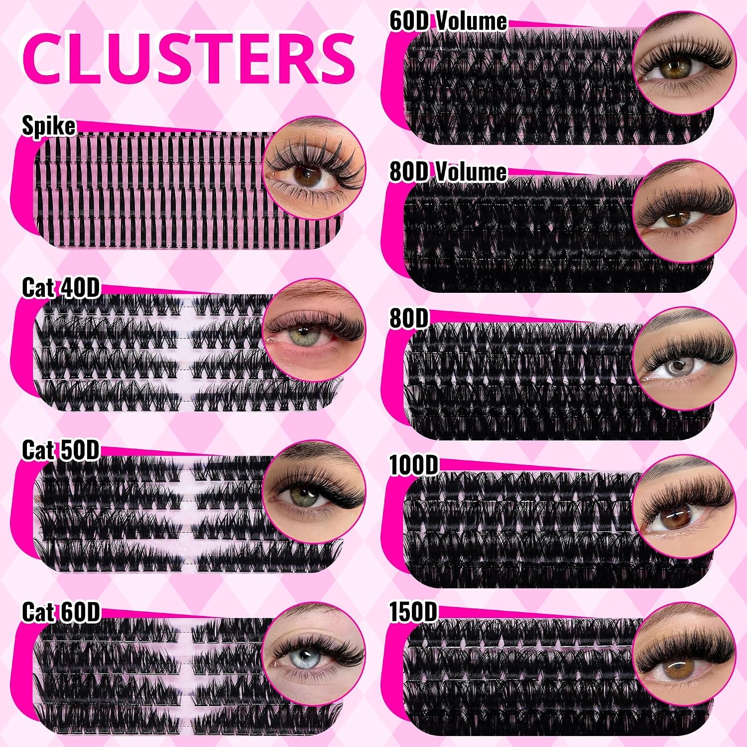 Lash Clusters Kit Bulk 3D Effect Eyelash Clusters Kit Cat Eye Lashes Cluster Eyelash Extensions Pack Colored Lashes Cluster Pestañas Postizas Naturales+Bond&Seal,Remover,Tweezers,Cleanser(Lash Kit-7)