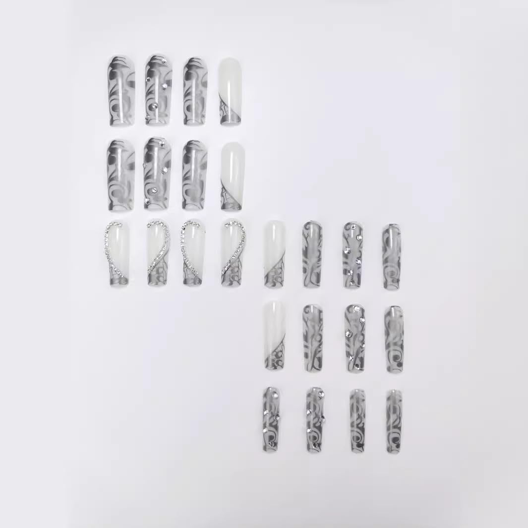 Glam Up Your Look with Our Elegant Silver French Tip Press-On Nails Featuring Heart Design - 24 Pcs of Stunning Rhinestone Full Cover False Nails for Women