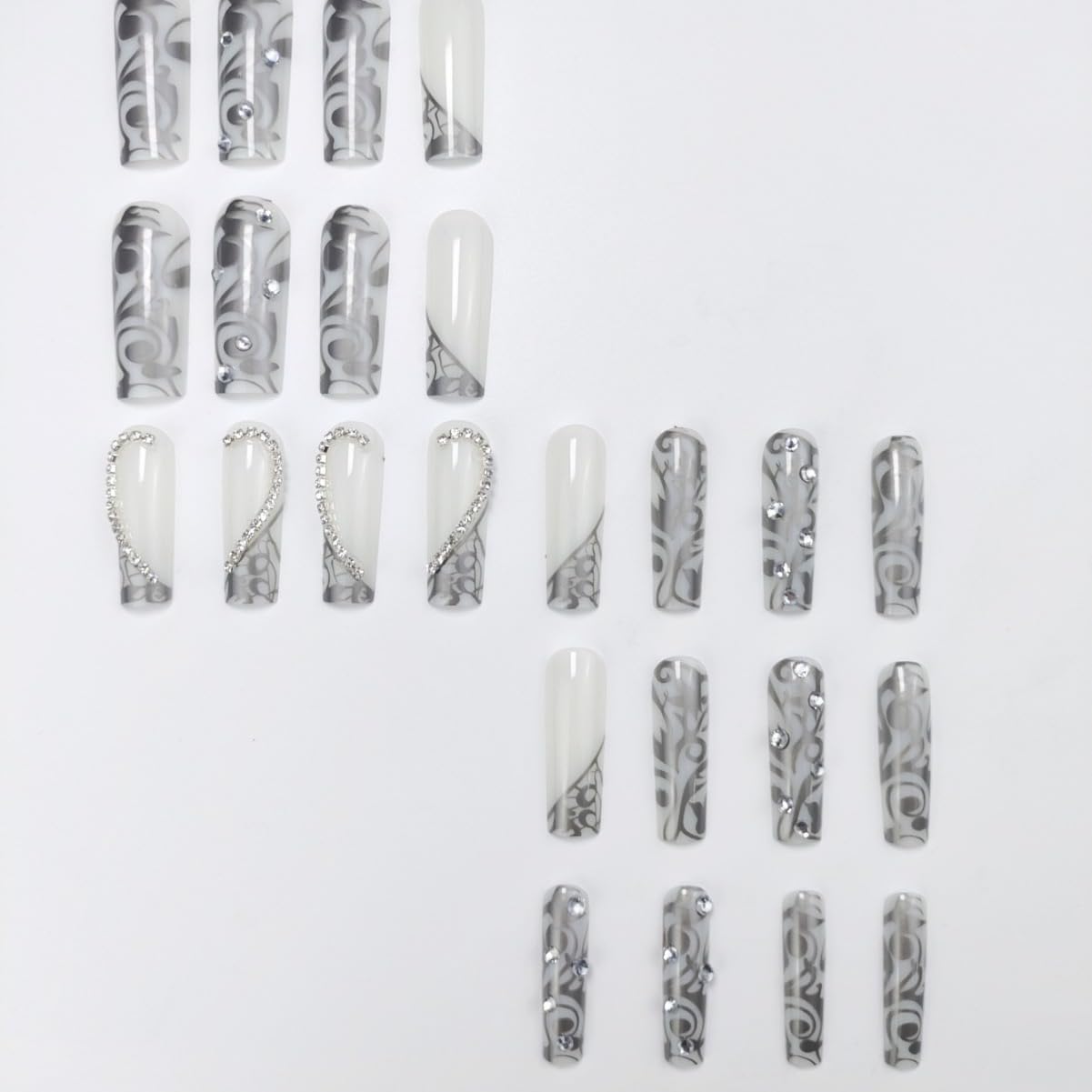 Glam Up Your Look with Our Elegant Silver French Tip Press-On Nails Featuring Heart Design - 24 Pcs of Stunning Rhinestone Full Cover False Nails for Women