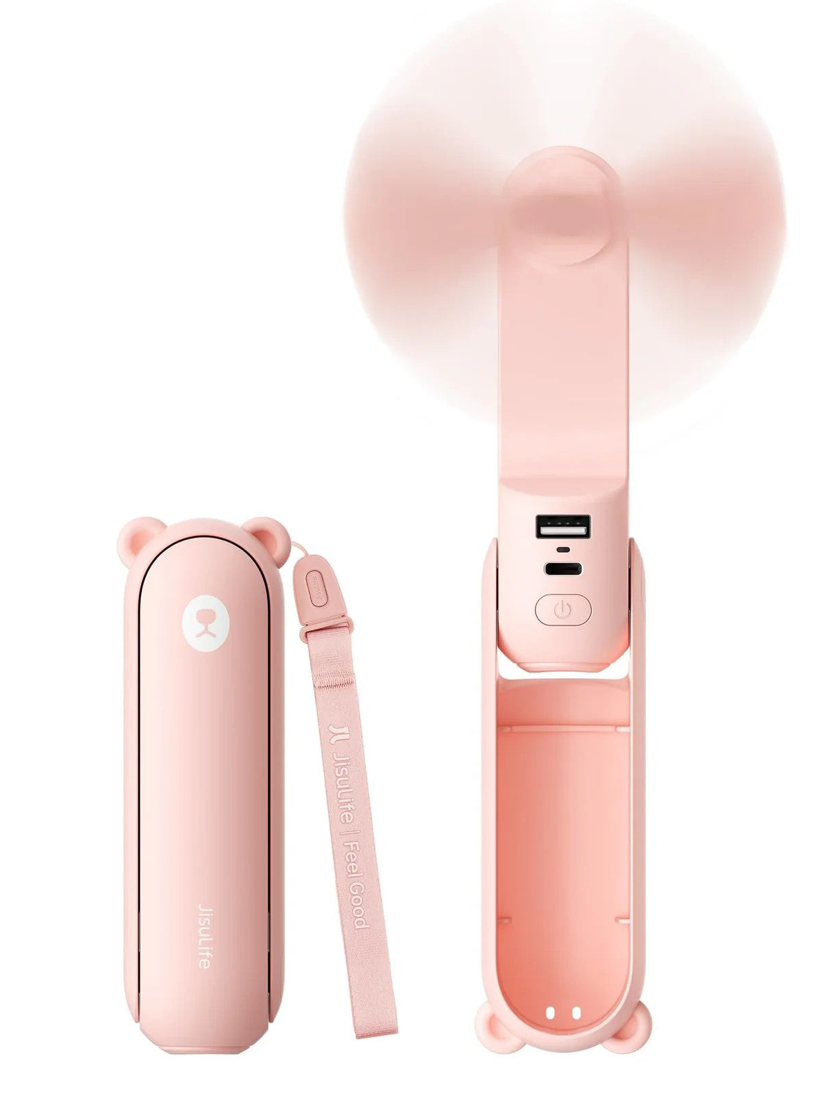 JISULIFE 3‑in‑1 Portable Handheld Mini Fan – Power Bank & Flashlight – Pink – Tr