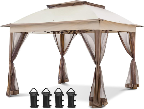 COOS BAY 11x11 Pop Up Gazebo with Mesh Netting, Instant Outdoor Canopy Beige