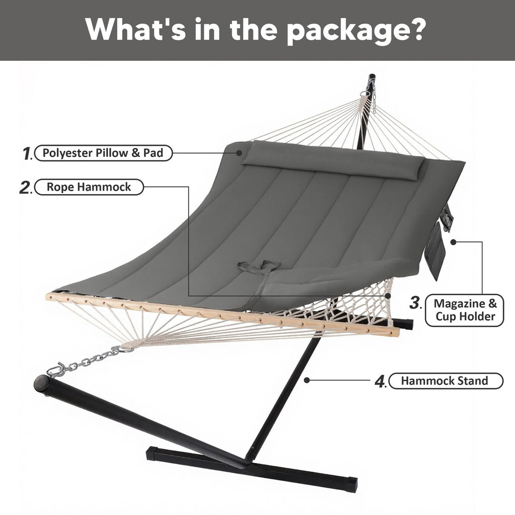 SUNCREAT Double Outdoor Hammock with 78.7" long x 55.1" wide, Dark Gray