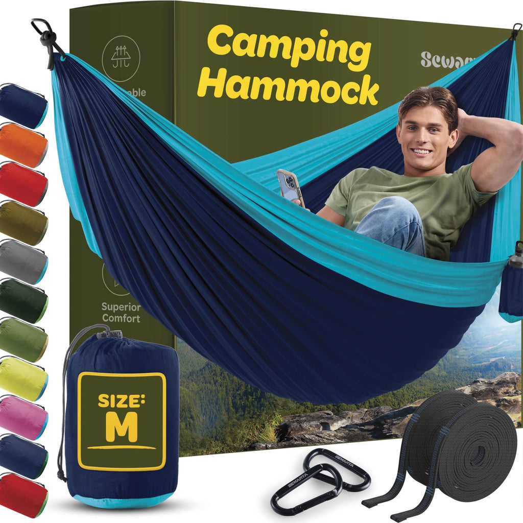 Durable Hammock 400 lb Capacity, Nylon Camping Medium, Blue & Light