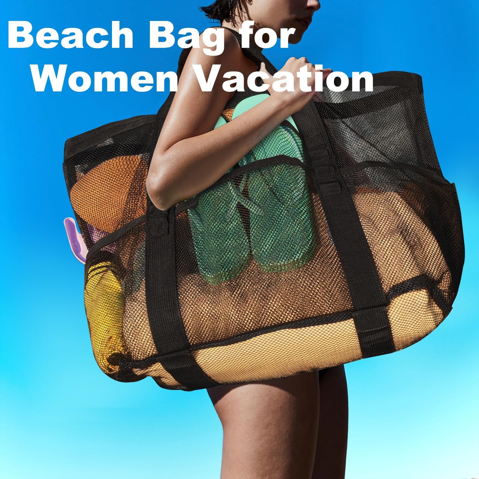 “Large Mesh Beach Bag with 8 Pockets – Waterproof Tote for Women – Black”