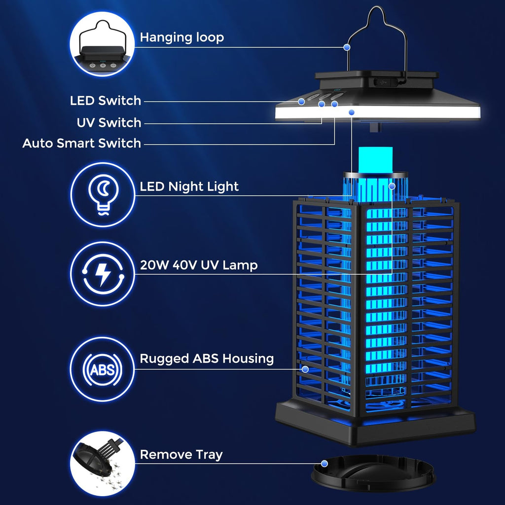 Bug Zapper Outdoor, Mosquito 2 in 1 Portable & Rechargeable Black
