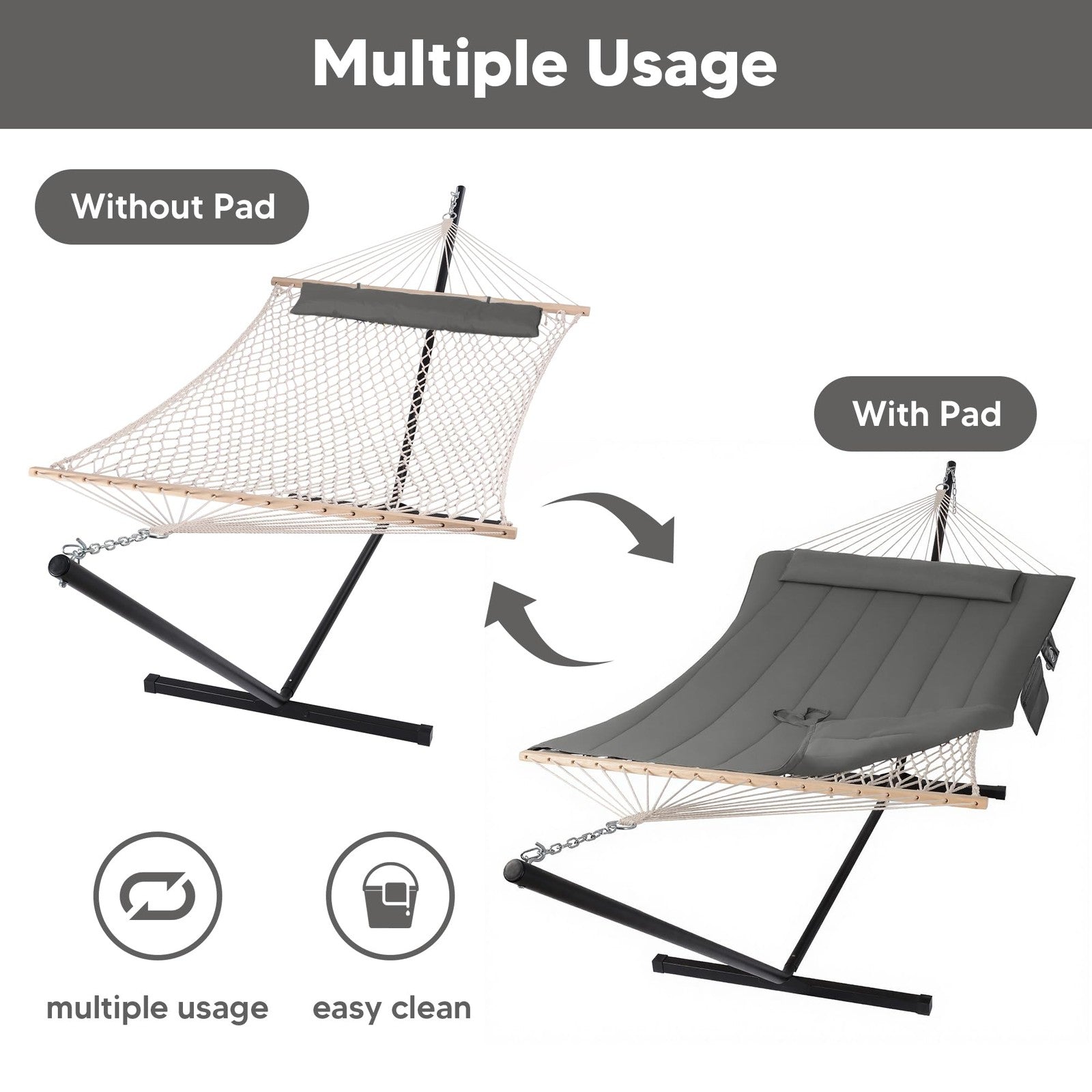 SUNCREAT Double Outdoor Hammock with 78.7" long x 55.1" wide, Dark Gray
