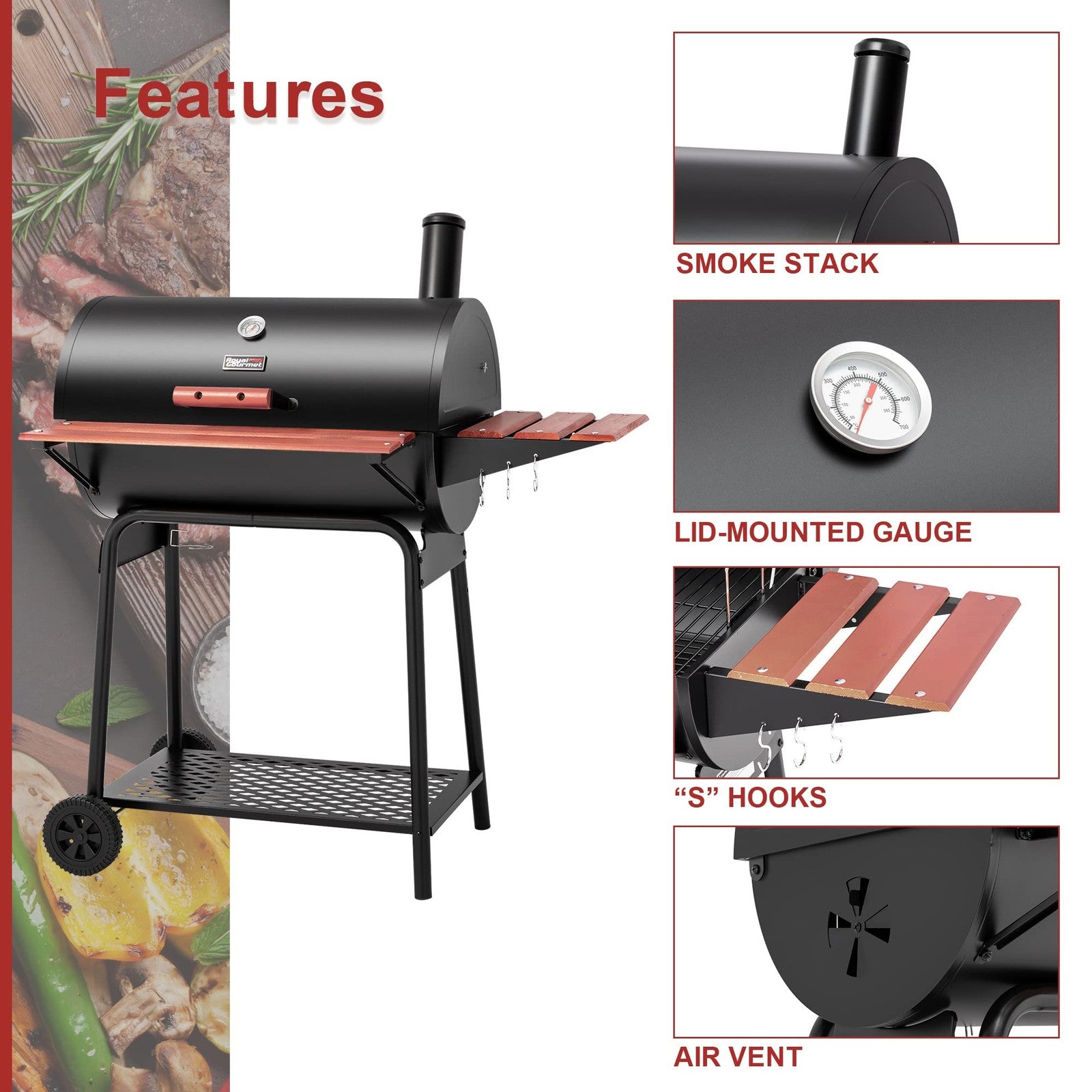 Royal Gourmet CC1830V 30 Barrel Charcoal Grill with Wood-Painted Grill, Black