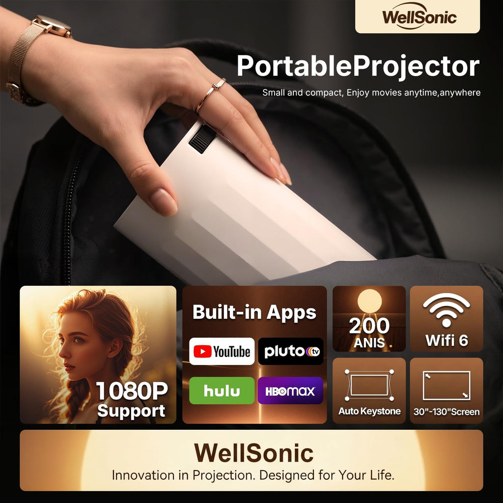 WellSonic Mini Projector with WiFi and Bluetooth, Portable Movie X8