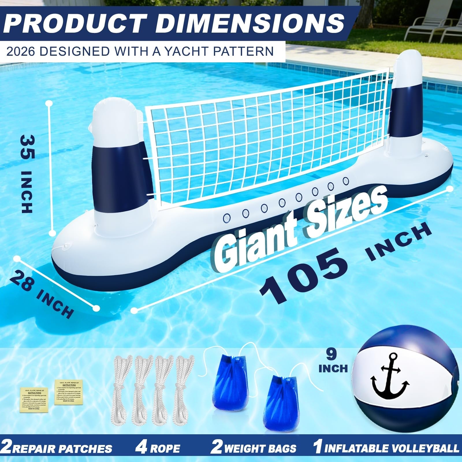 TURNMEON Inflatable Pool Toys Games Set Volleyball 105"×28"×35", Blue