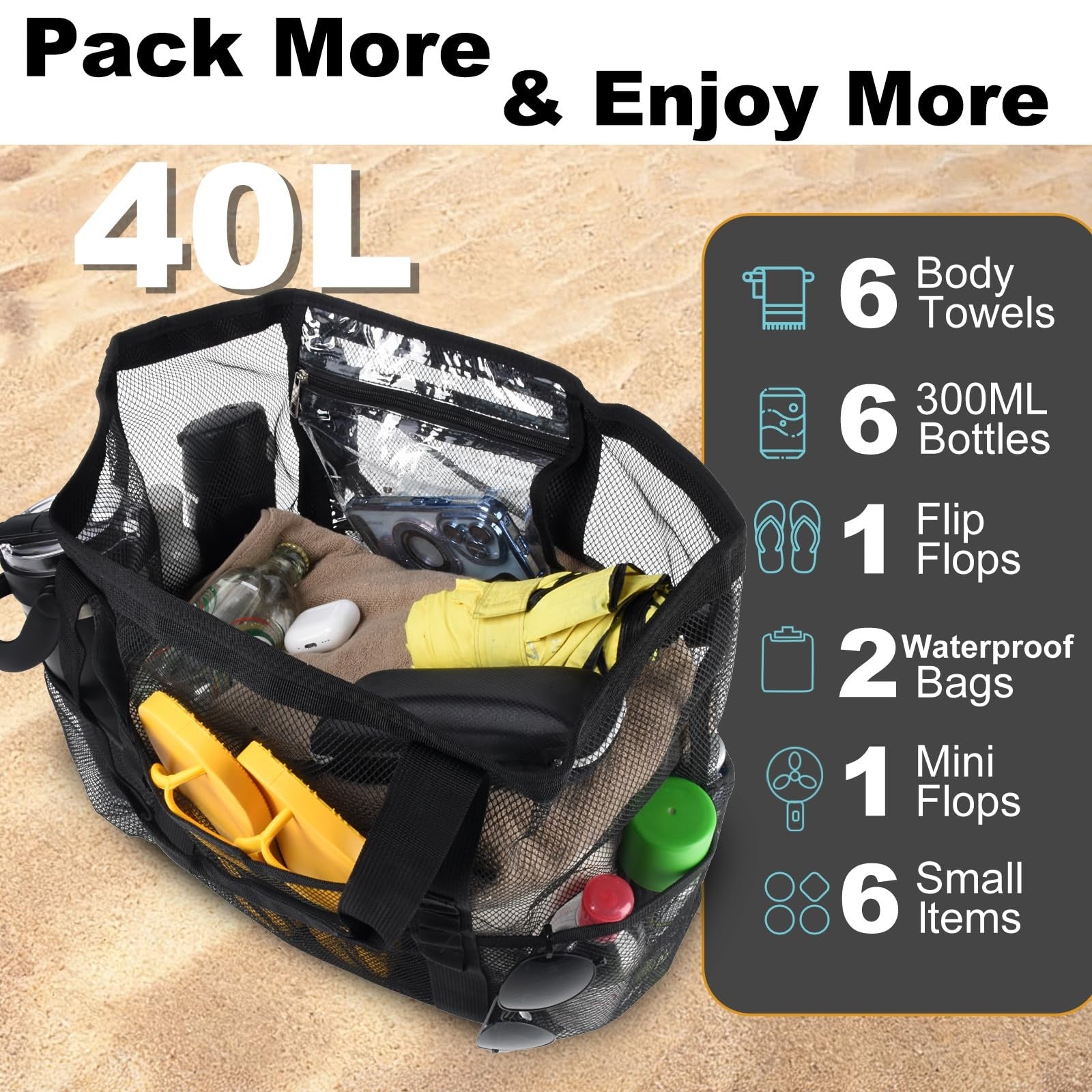“Large Mesh Beach Bag with 8 Pockets – Waterproof Tote for Women – Black”