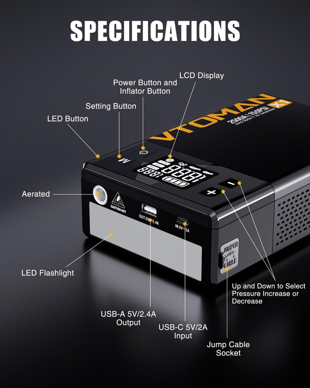 VTOMAN X1 Jump Starter with Air Compressor, Car Battery Jumper Black