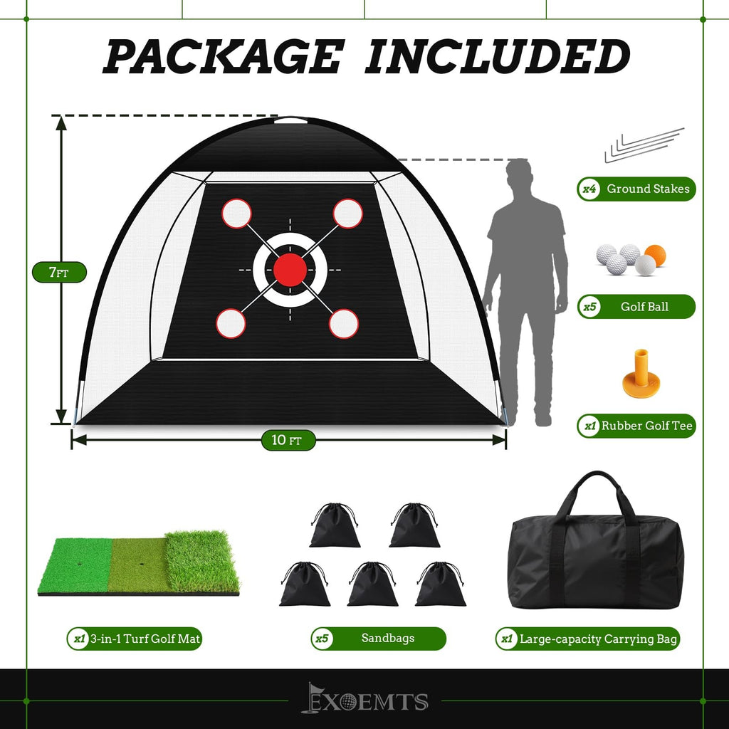 EXOEMTS Golf Net 10x7FT with Tri-Turf Mat, Ball, Target & 10 x 7 ft, black