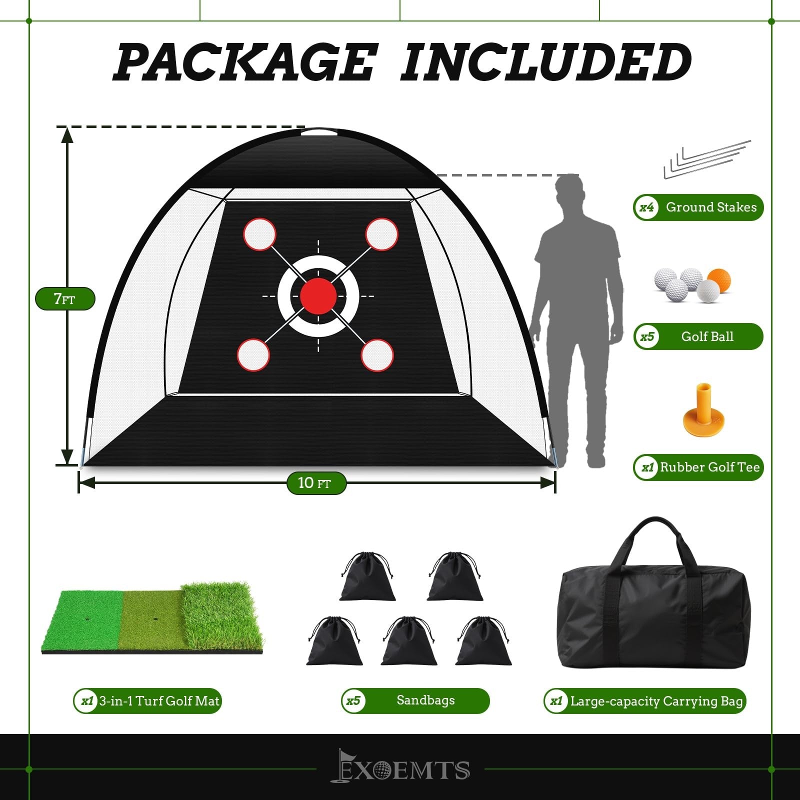 EXOEMTS Golf Net 10x7FT with Tri-Turf Mat, Ball, Target & 10 x 7 ft, black