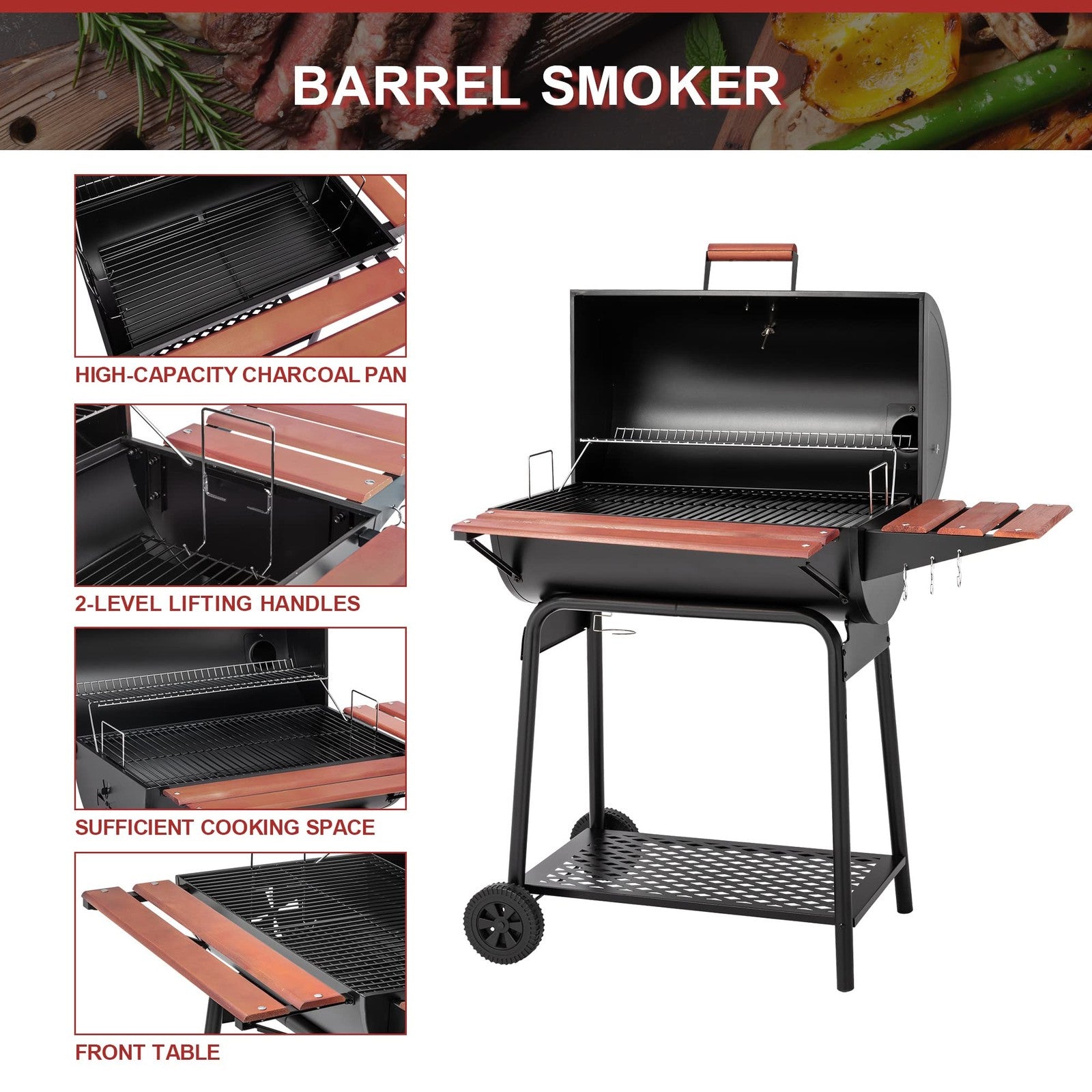 Royal Gourmet CC1830V 30 Barrel Charcoal Grill with Wood-Painted Grill, Black