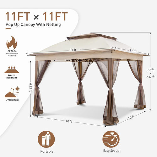 COOS BAY 11x11 Pop Up Gazebo with Mesh Netting, Instant Outdoor Canopy Beige
