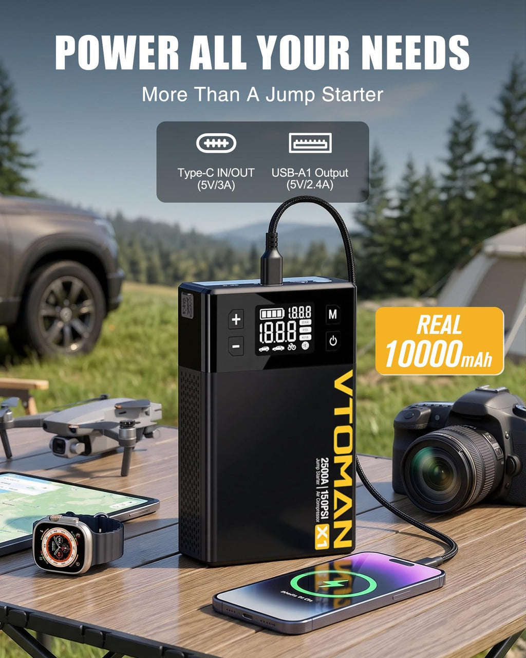 VTOMAN X1 Jump Starter with Air Compressor, Car Battery Jumper Black